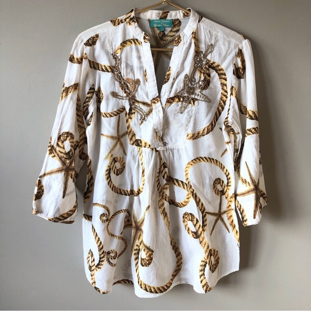 Amtica Santoria by Giacomo Cinque White Tan Nautical Beaded Tunic Top L